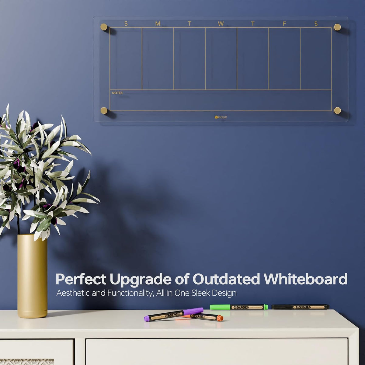Yeoux Black Glass Golden Weekly & Menu Dry Erase Calendar Board 15“x11