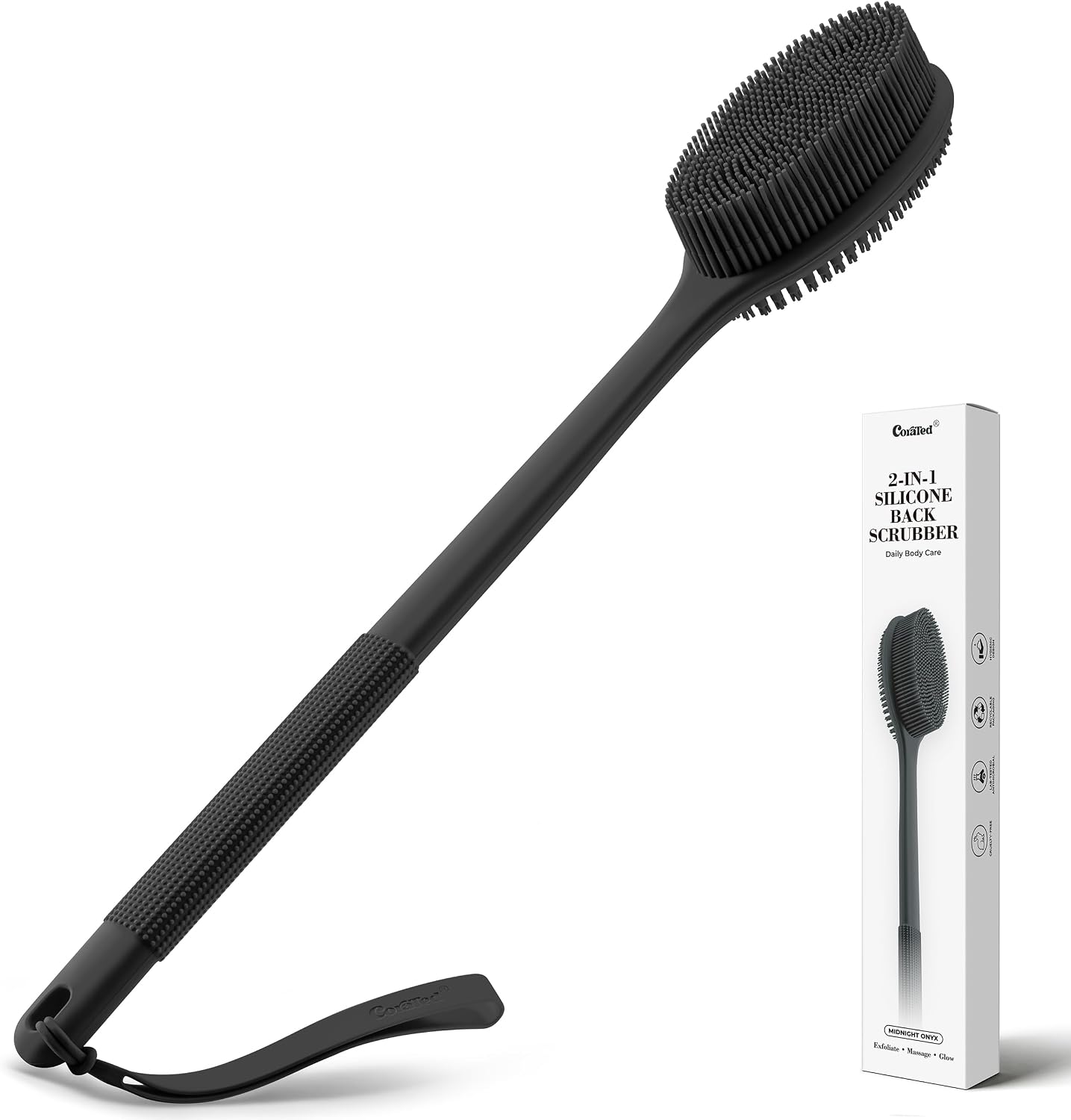 CORATED Silicone Back Scrubber for Shower, Exfoliating Body Scrubber with Long Handle, 2‑in‑1 Body Brush for Women & Men Daily Use, Loofah Alternative Bath Accessories