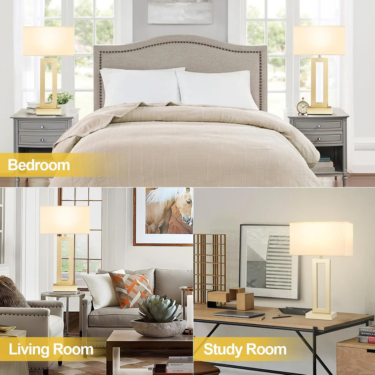 Gold Table Lamps Set of 2, 16.4" Bedside Lamps for Nightstand with USB C+A