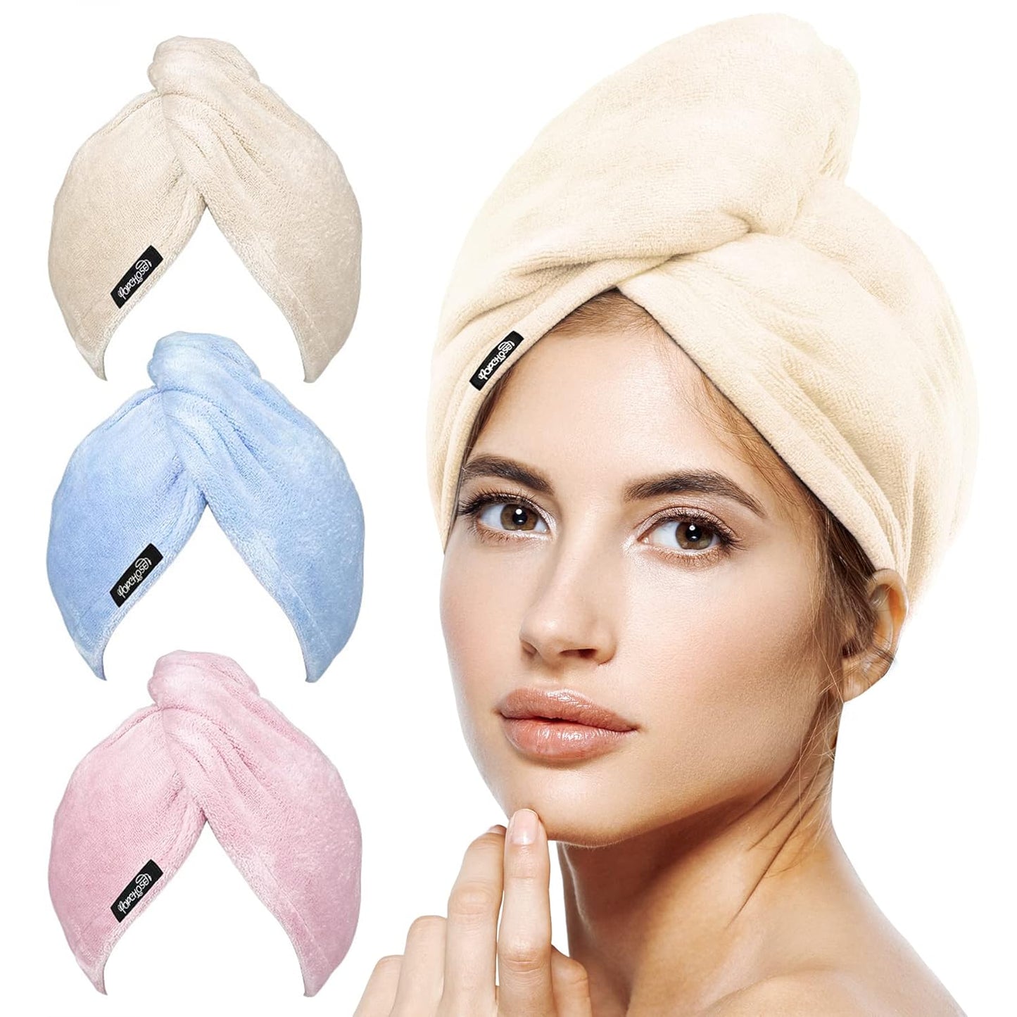 POPCHOSE Microfiber Hair Towel Wrap, 3 Pack Fast Drying Hair Turban, Stocking Stuffers for Women, Soft Ultra Absorbent, No Frizz Hair Wrap Towels for Women Wet Hair, Curly, Longer, Thicker Hair