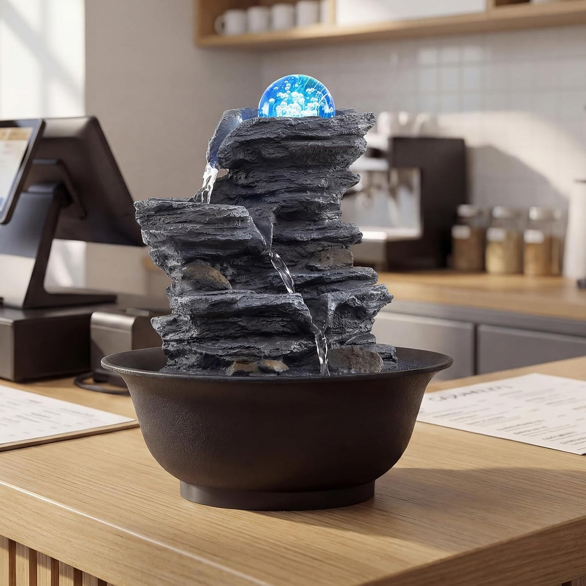 Giantex Tabletop Water Fountain with Warm LED Light, Tiered Rock Waterfall with Pump, Zen Meditation Desktop Decor for Office, Home Relaxation