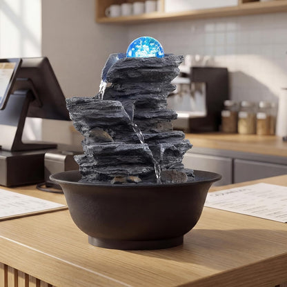 Giantex Tabletop Water Fountain with Warm LED Light, Tiered Rock Waterfall with Pump, Zen Meditation Desktop Decor for Office, Home Relaxation