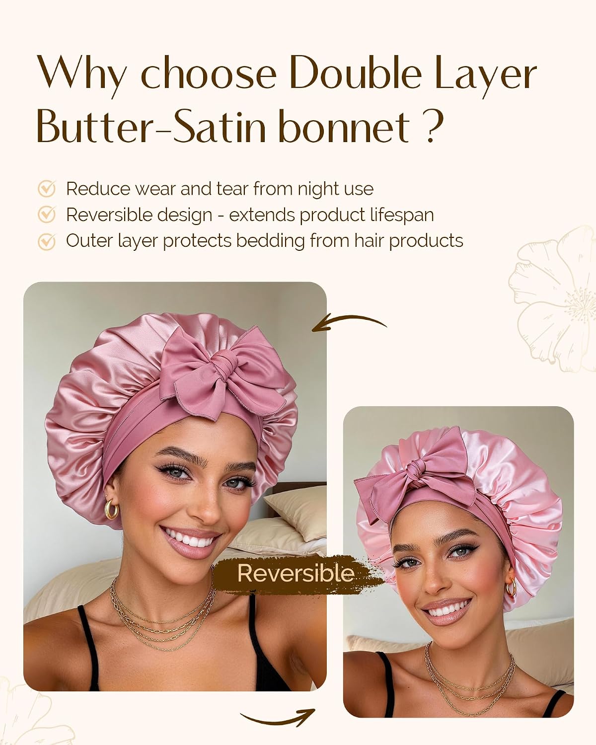 YANIBEST Adjustable Double Layer Satin Bonnet, Silk Hair Bonnet for Sleeping with Elastic Tie Curly Natural Hair Reduce frizz