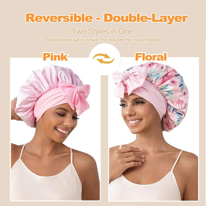 GDTOGRT Satin Silk Bonnet for Sleeping Women - Double Layer Sleep Hair Bonnets Caps for Curly Braid Hair with Tie Band