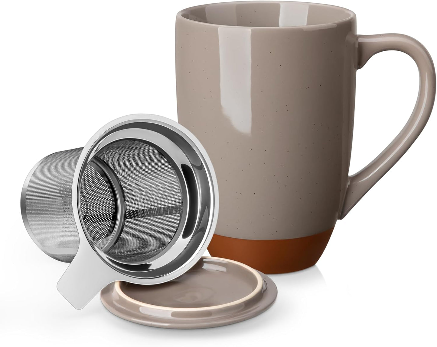 MALACASA Ceramic Tea Mug with Lid and Stainless Steel Infuser, 18 oz Large Tea Cup for Loose Leaf Tea, Heat-Resistant, Microwave & Dishwasher Safe, Speckled Glaze Coffee & Tea Brewer Mug, Khaki White