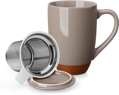 MALACASA Ceramic Tea Mug with Lid and Stainless Steel Infuser, 18 oz Large Tea Cup for Loose Leaf Tea, Heat-Resistant, Microwave & Dishwasher Safe, Speckled Glaze Coffee & Tea Brewer Mug, Khaki White