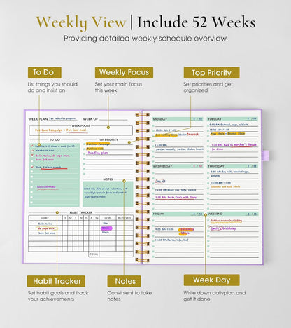 Undated Weekly and Monthly Planner, B5 Large Weekly To Do List Notebook with Goal & Habit Tracker Organizer, Hardcover Spiral Bound Blank Monthly Planner for Work School Home 7.4" x 9.64" Black