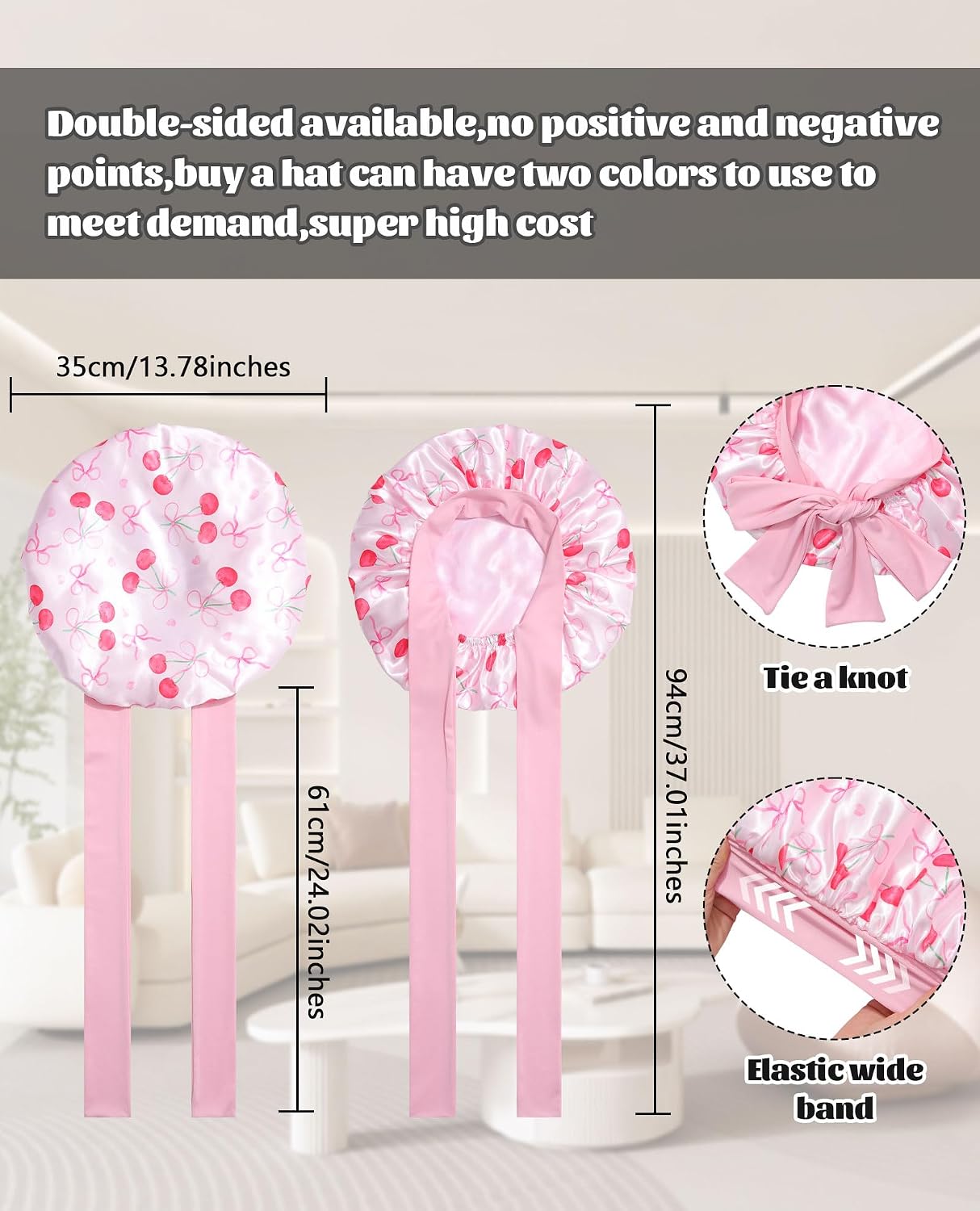 Satin Bonnet for Sleeping Cap Double Layer Hair Bonnet with Elastic Tie Band for Curly Hair Night Cap (Bean Paste + Pink)
