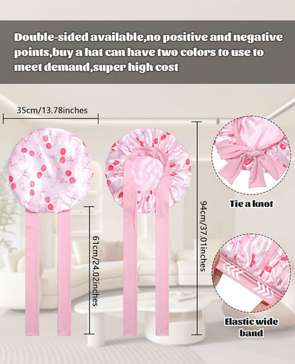 Satin Bonnet for Sleeping Cap Double Layer Hair Bonnet with Elastic Tie Band for Curly Hair Night Cap (Bean Paste + Pink)