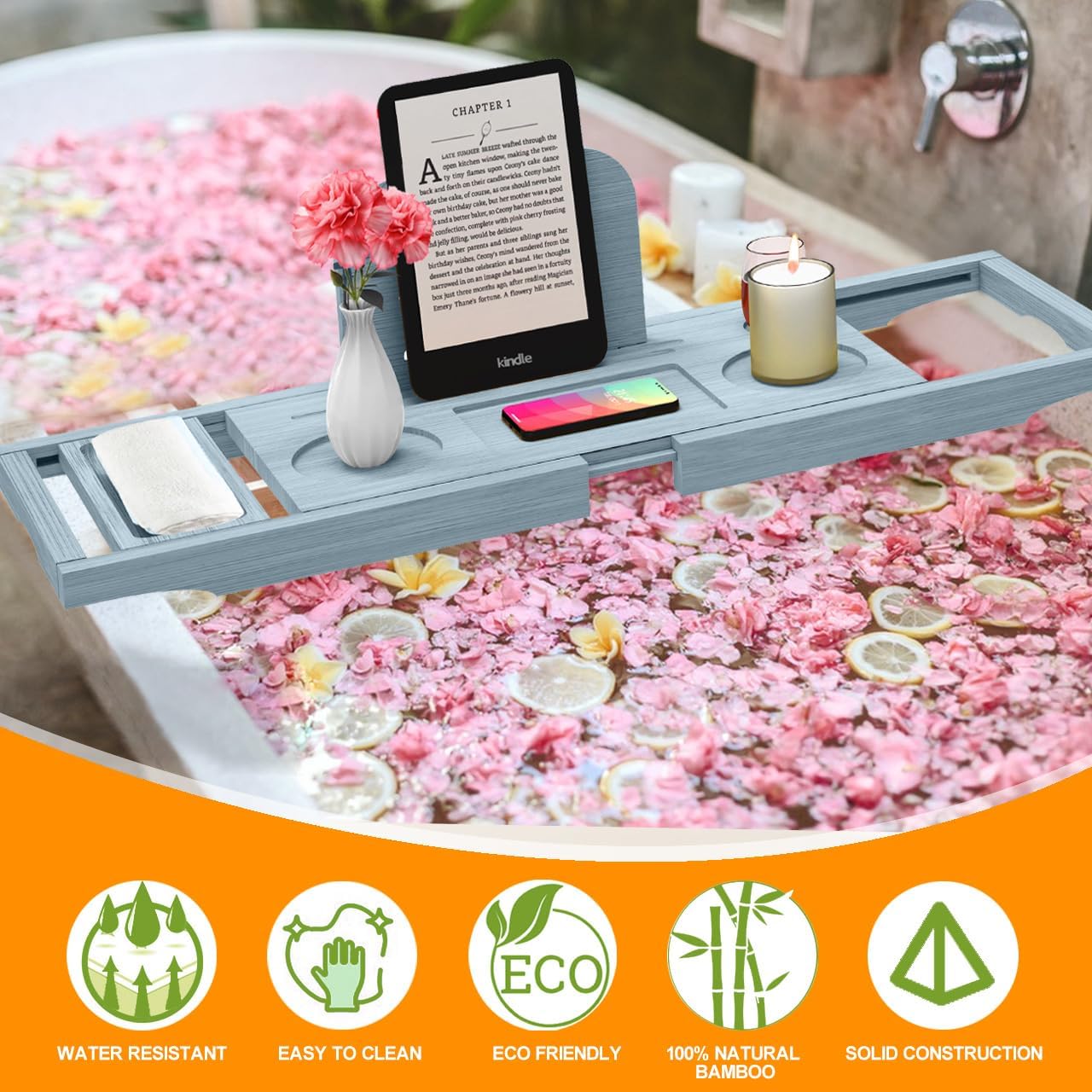 Premium Bamboo Bathtub Tray Caddy - Bath Tub Tray Table for Bathtub - Bath Caddy Tray for Bathtub, Expandable Size, Fits Most Bath Tubs