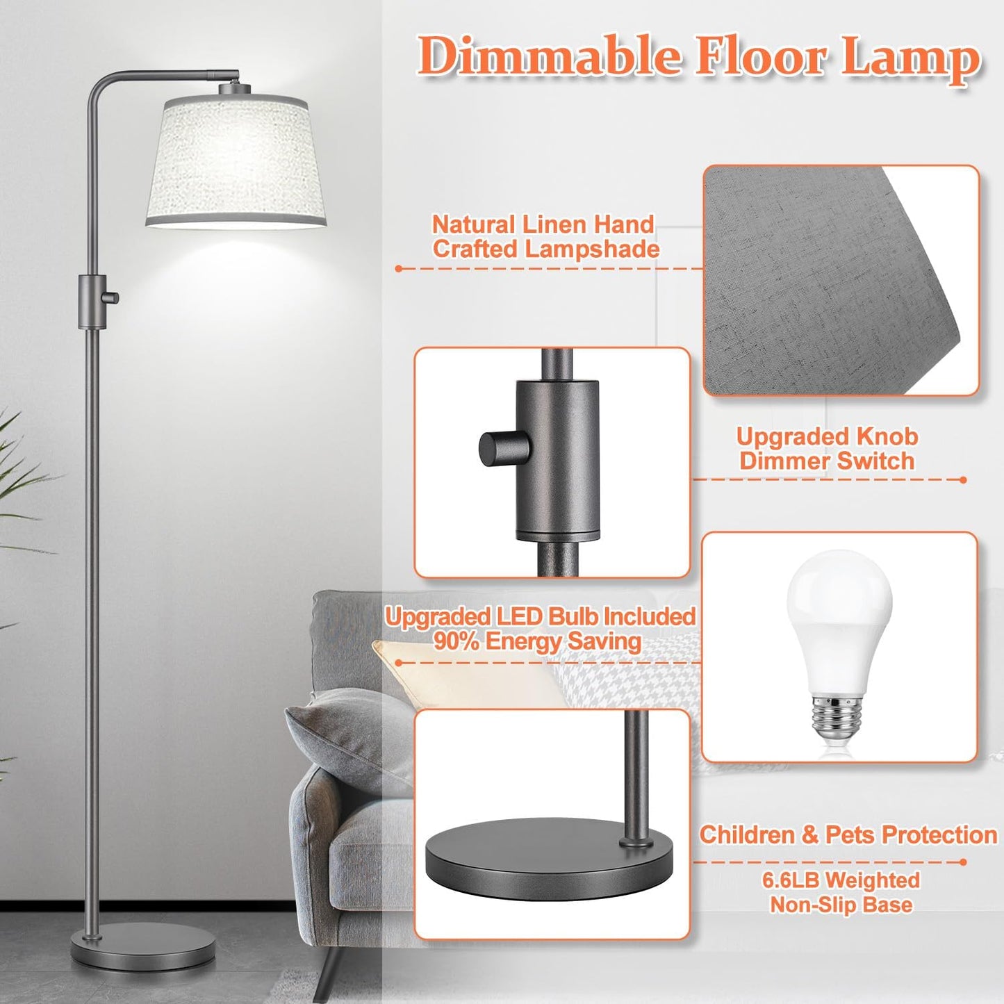【Upgraded】 Dimmable Floor Lamp, 1000 Lumens LED Edison Bulb Included, Arc Floor Lamps for Living Room Modern Standing Lamp with Linen Shade, Tall Lamp for Bedroom Office Dining Room- Black