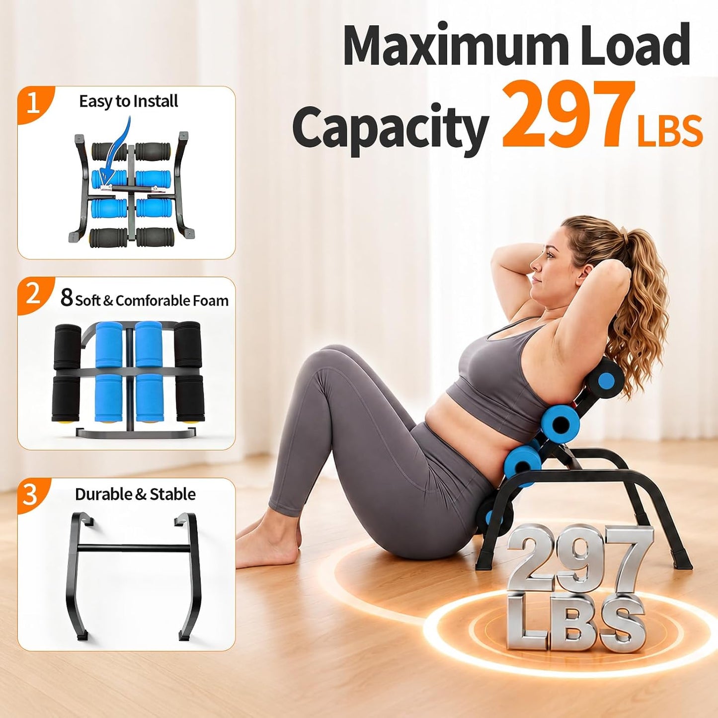 Mini Inversion Table with Rollers, Spinal Decompression Table Rollers | Back Extension Machine for Back Pain Relief, Easy to Assemble & 297 Weight Capacity, Home Gym Equipment