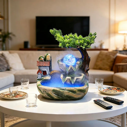 Mini Artificial Bonsai Tree Waterfall Fog Feature Rock Tabletop Fountain | 11in Desktop Decor Waterfall Fountain W/ Water Pump& Atomizer&LED Lights &Fake Tree Office Bedroom Relax