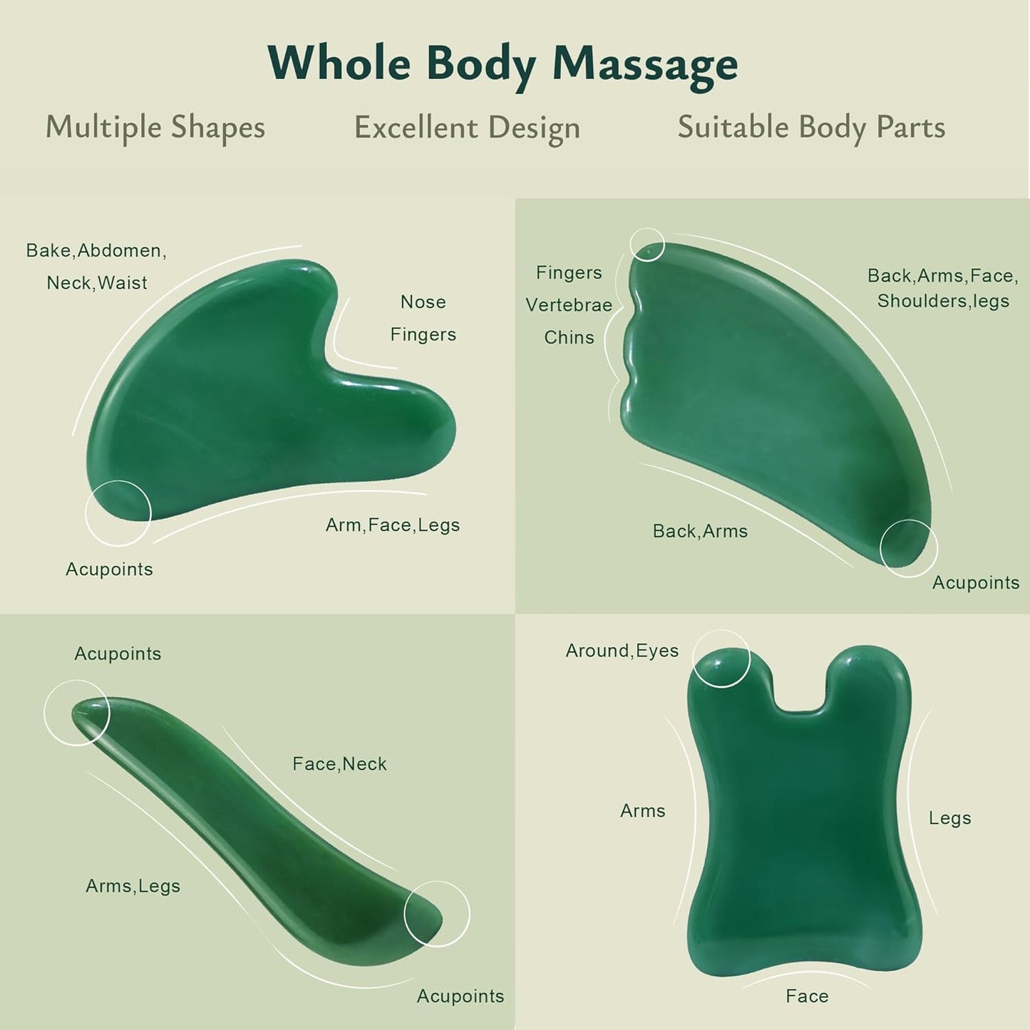 Rena Chris Guasha Massage Tool, 4 pcs Gua Sha Facial Tool, Guasha Board for SPA Acupuncture Therapy Trigger Point Treatment, Gua Sha Scraping Massage Tool (Green)