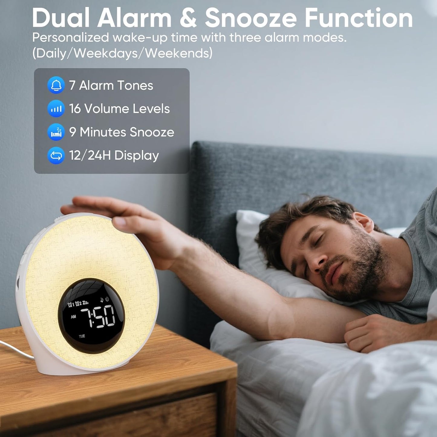 AFEXOA Sunrise Alarm Clock with Wake Up Light, White Noise Machine with 30 Soothing Sounds, 8 Color Dimmable Night Light, Dual Alarms for Heavy Sleepers/Adults/Kids