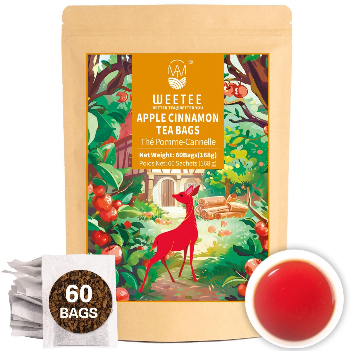 WT WEETEE Apple Cinnamon Herbal Tea Bags 60 Count, Warm & Cozy Fall Flavor
