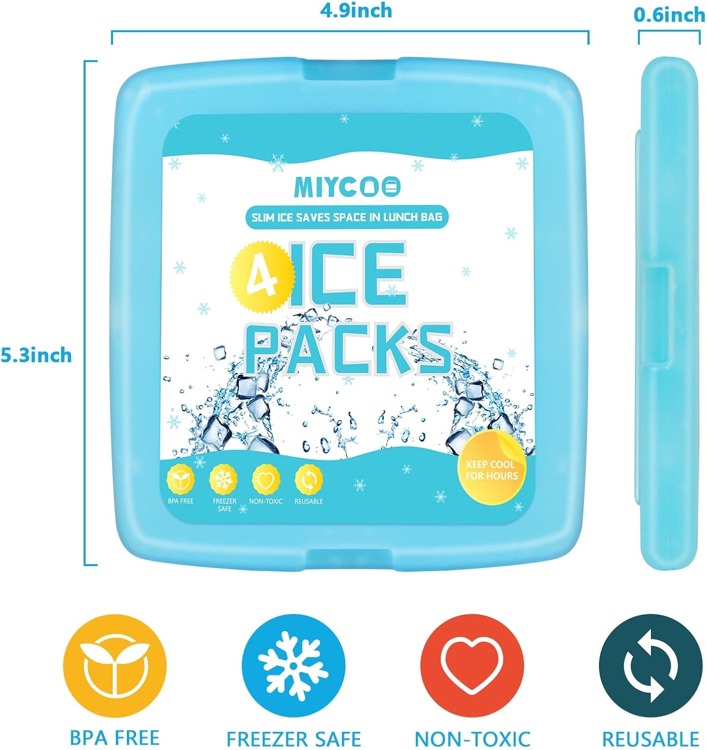 MIYCOO Ice Packs for Lunch Boxes & Coolers - Quick Freeze Ice Pack Space Saving Freezer Packs - Reusable Slim Original Cool Pack - Cooler Accessories for Beach, Camping and Fishing