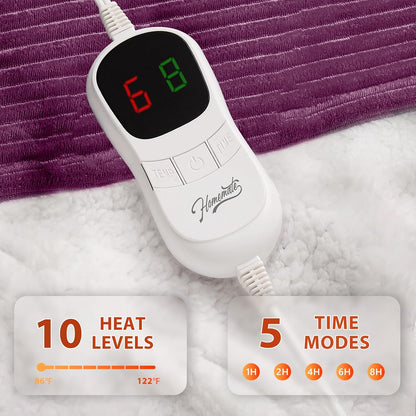 Homemate Heated Blanket Electric Throw - 50"x60" Heating Blanket Throw 1/2/4/6/8 Hours Auto-Off 10 Heat Levels Over-Heat Protection Soft Flannel Sherpa Heater ETL Certification