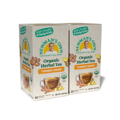 Newman’s Own Organic Turmeric Ginger Herbal Tea Caffeine-Free May Aid Digestion and Boost Immunity Turmeric Tea with 20 Individually Wrapped Tea Bags Per Box (Pack of 2) USDA Certified