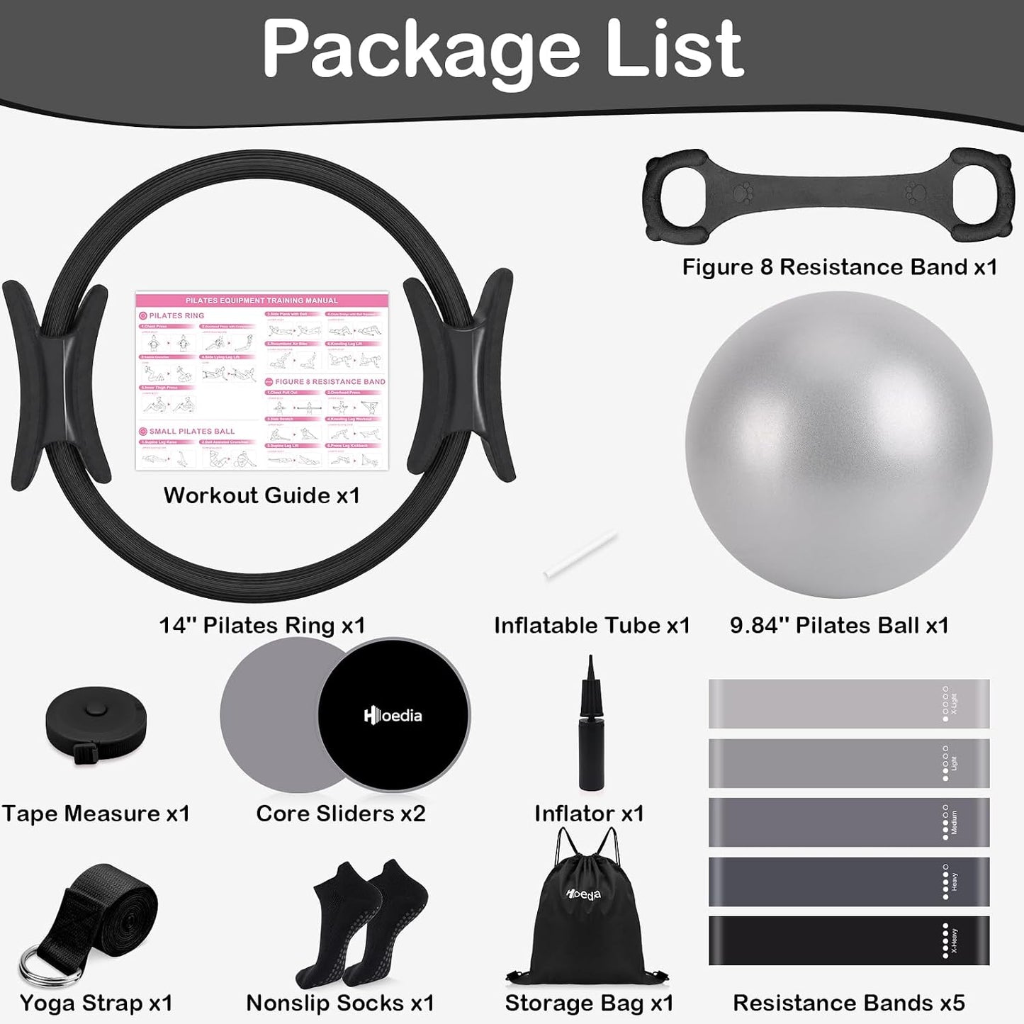 Hoedia Pilates Kit for Women, Pilates Equipment Ring and Ball Set with Resistance Bands, Yoga Strap, Core Sliders, Socks, Bag & Guide for Starter Home Workout Fitness Gym Essentials