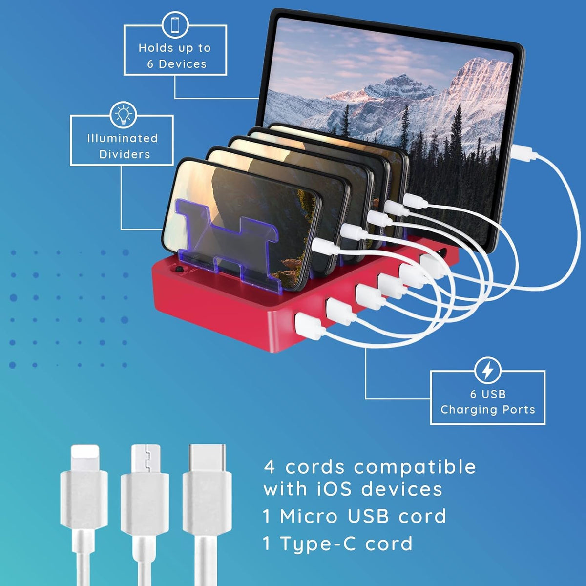 Fast Charging Station for Multiple Devices, 6-Port USB Charging Dock White