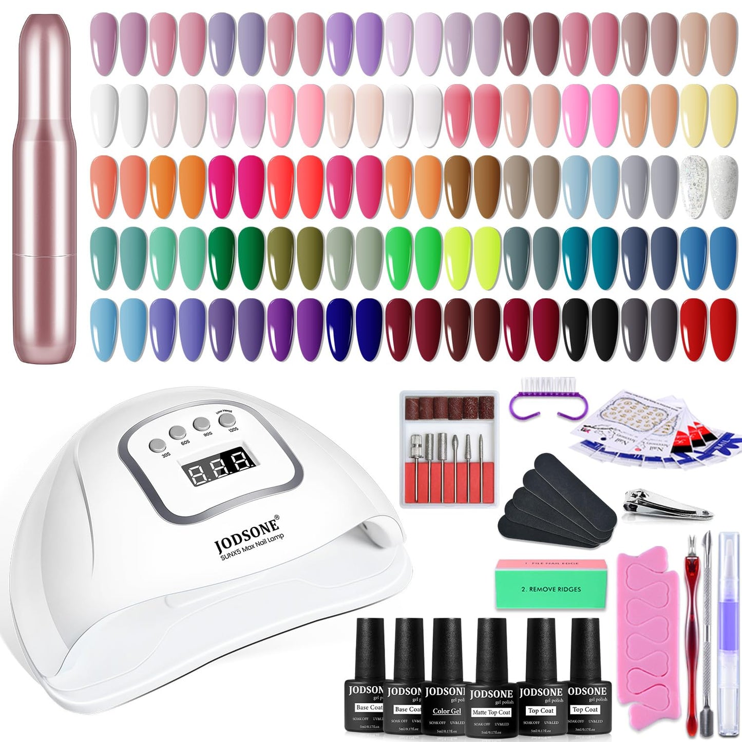 JODSONE Gel Nail Polish Kit 60 PCS with U V Light Soak off Base Top Coat 55 Shine Colors Gel Nail Kit Bright and Dark Brown Wine Red Series Manicure Set for Women and Girls