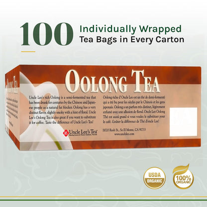 Uncle Lee’s Premium Oolong Tea, Caffeinated, 100 Count – Antioxidant-Rich Slightly Oxidized Green Tea Leaves, Individually Wrapped Bags, 5.64 Oz Ea