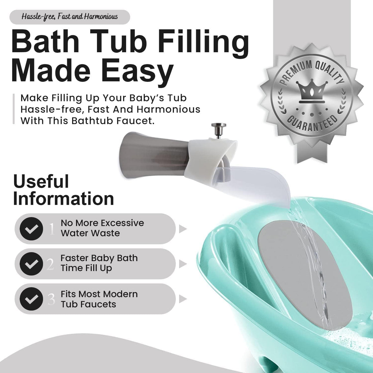 Bath Helper - Bath Tub Faucet Extender - Guides Water Directly from Faucet to Baby Bath Tub Without Excessive Water Waste and Splashing (Clear White)
