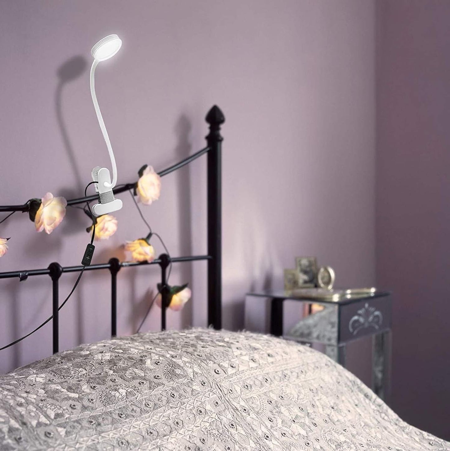 LEPOWER Clip on Light/Reading Lights/Book Light/Desk Lamp Color Changeable/Night Lights Clip on for Desk, Bed Headboard and Computers, Adapter Included (Black) Metal