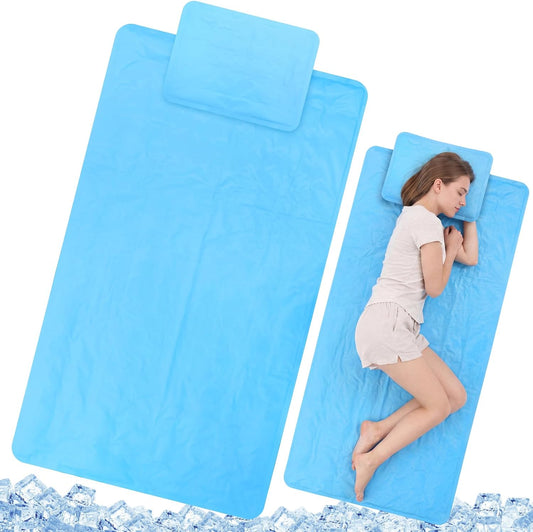 Novabright 2 Pcs Cooling Pad with Pillow Set Cold Mat Gel for Bed 47'' x 28'' Cooling Mattress Pad for Night Sweats, Hot Sleepers, Hot Flashes, Pain Relief, Summer Supplies(Simple,Sky Blue)