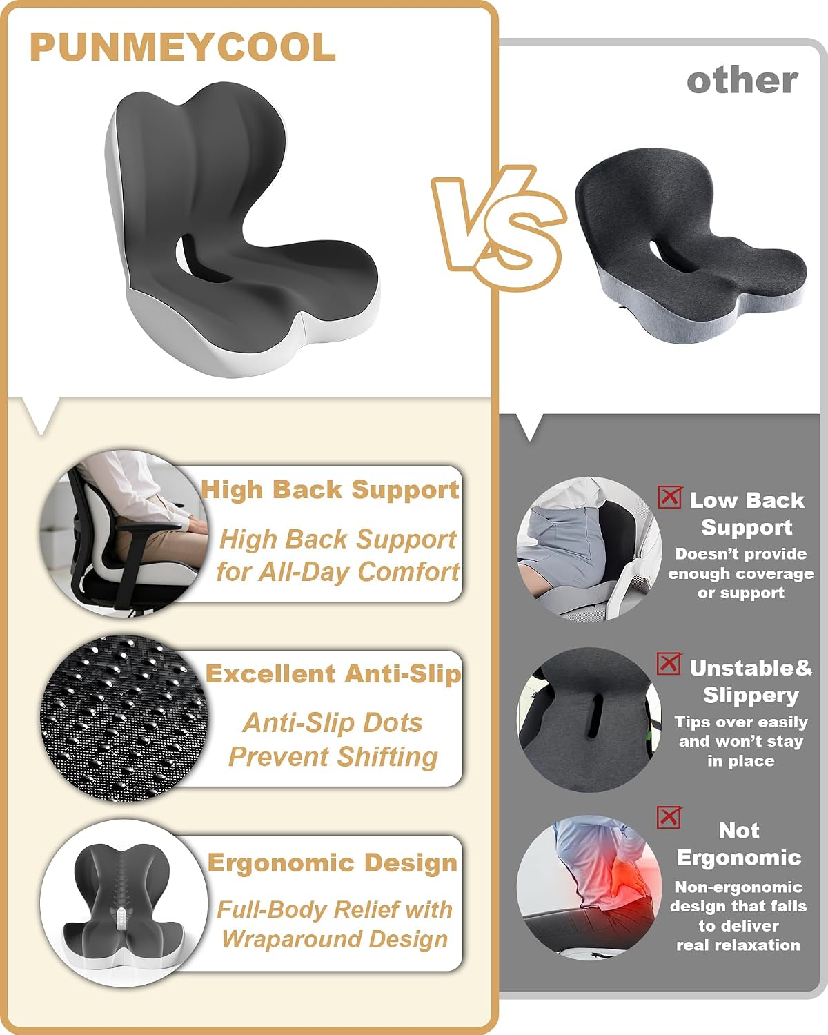 Lumbar Support Seat Cushion, Memory Foam Ergonomic Cushion for Sciatica, Hip & Tailbone Pain Relief – Office Chair, Car Seat, Gaming Chair for Long Hours Sitting & Drivers