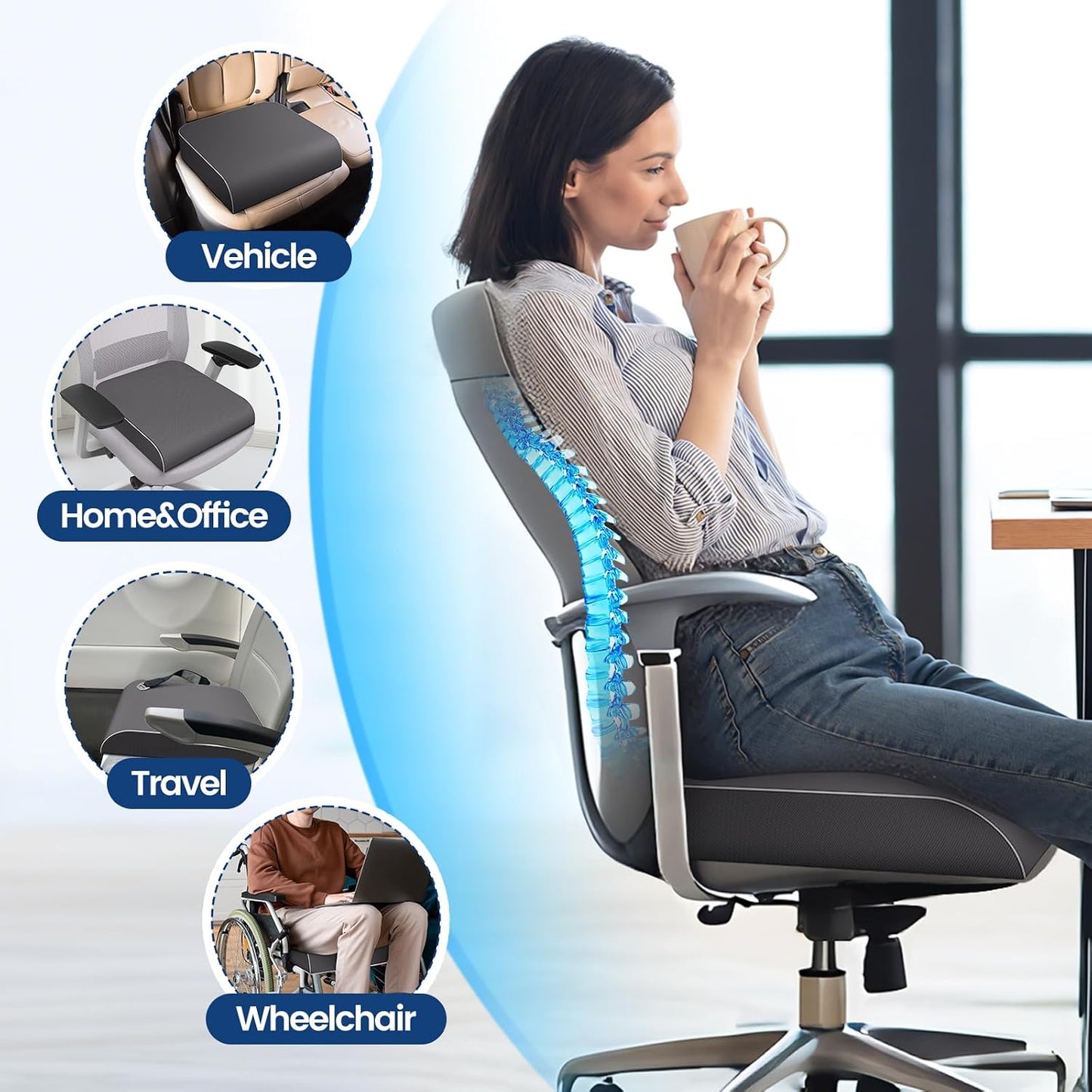 SweetSlubr Seat Cushion for Tailbone Pain Relief, Office Chair Cushion, Chair Pad, Memory Foam Large Cushion with Non-Slip Cover for Soft Support at Office Chair, Car Seat, Airplane, Black/Large