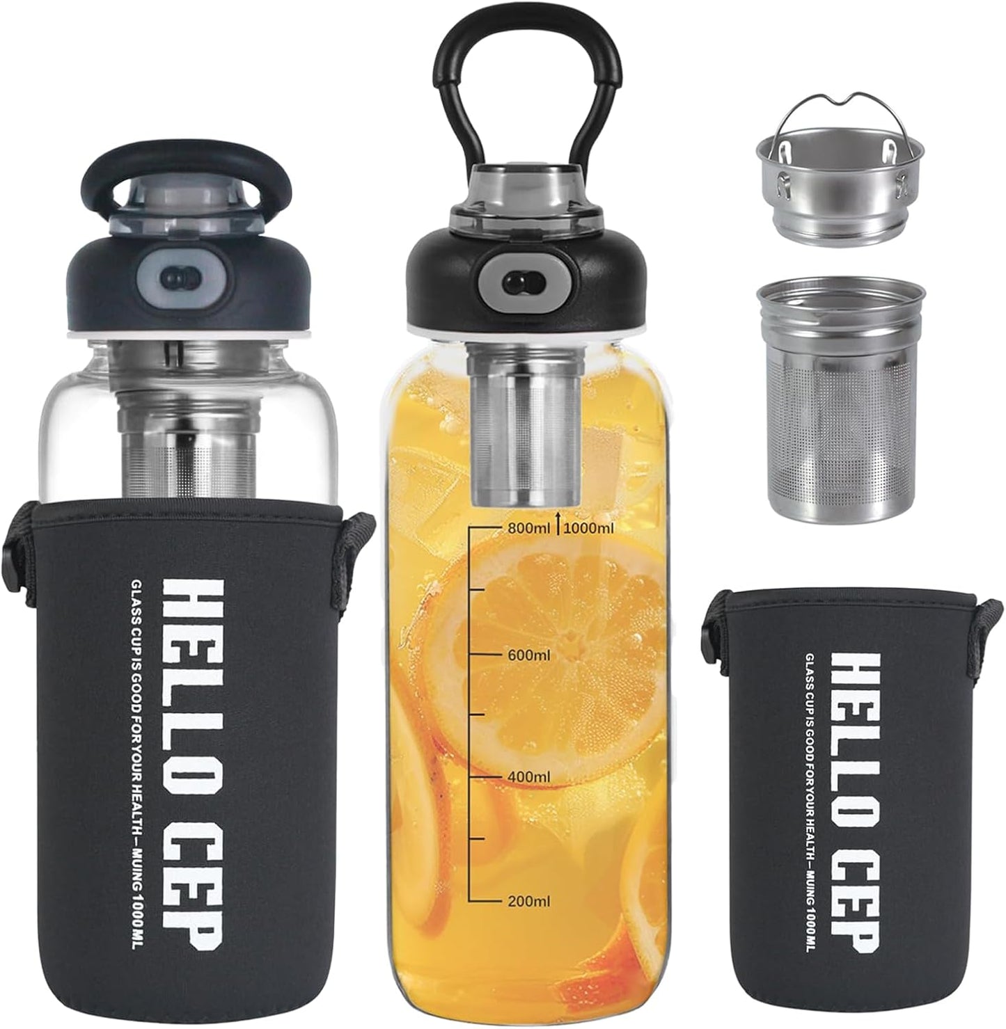 34oz Glass Water Bottle with capacity Mark & Stainless Steel Tea Strainer-Large Capacity for Hot/Cold Drinks,Coffee,Tea,and Water-Includes Protective Sleeve,Perfect for Home,Office (34oz)