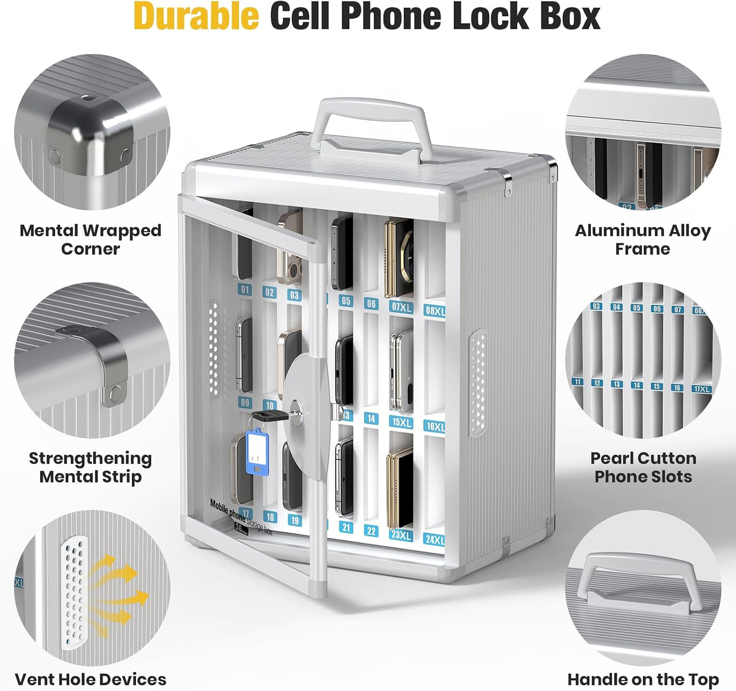 Glosen 24 Slots Cell Phone Locker, Portable Phone Storage Cabinet [Wall Mounted] [Aluminum Alloy] Cellphone Lock Box with Key & Handle for School Classroom Office Exam (Black)