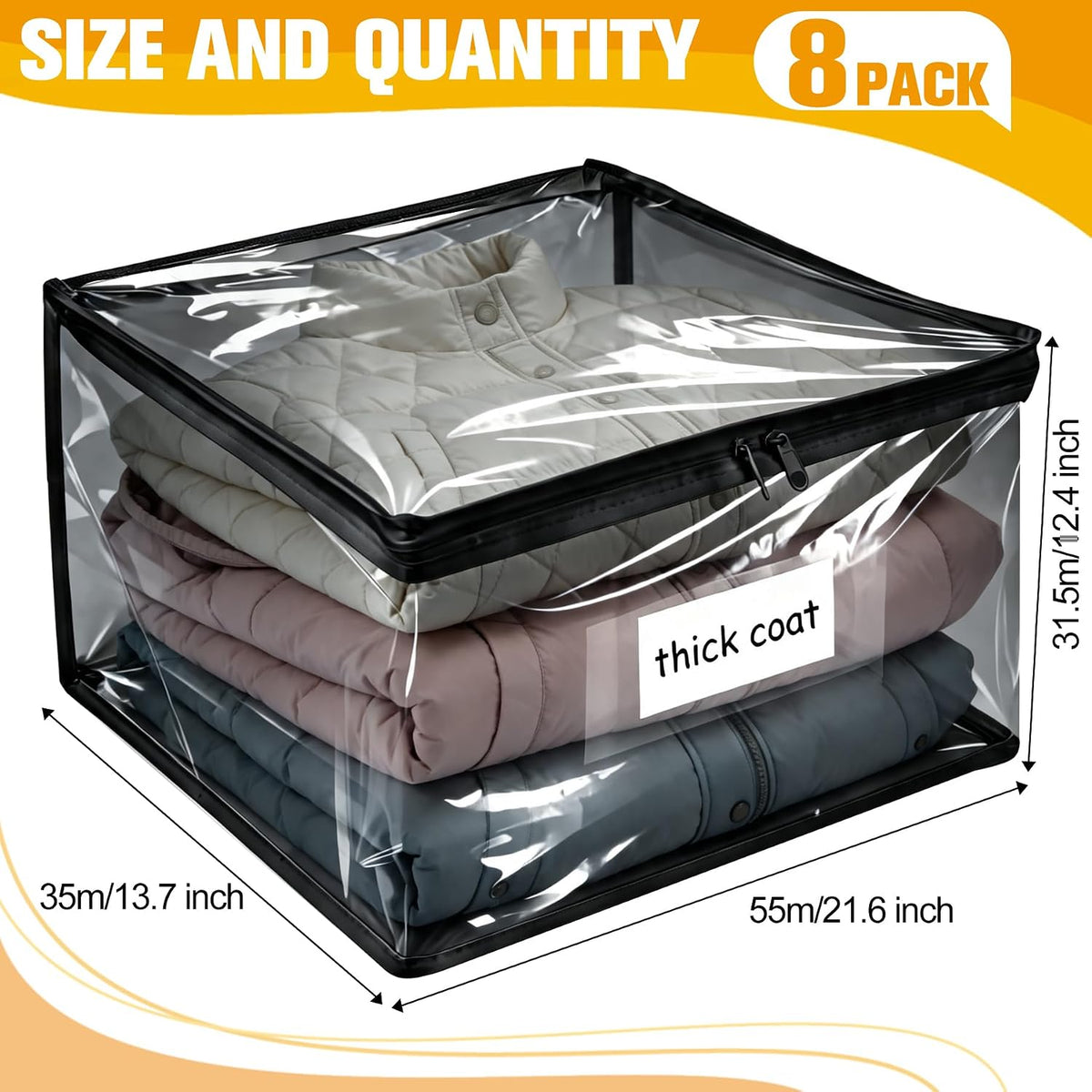 Plastic Storage Bags with Easy-Glide Zipper, Durable Clear Vinyl Zippered Storage Bags for Clothes Sweaters Comforters Blankets Sheets Bedding (15.7 x 13.8 x 3.9 Inch, Transparent White)