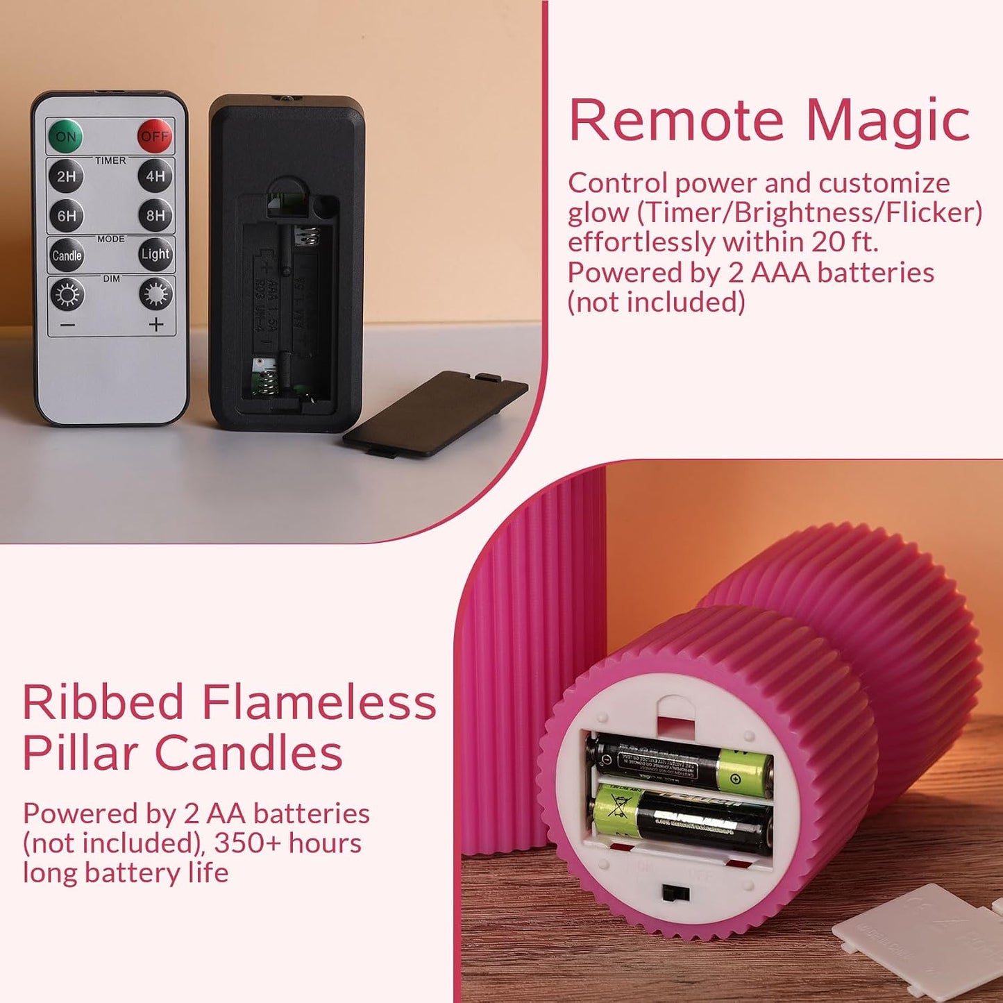White Ribbed Flameless Pillar Candles with Remote, Real Wax Flickering Battery LED Candles Set of 2