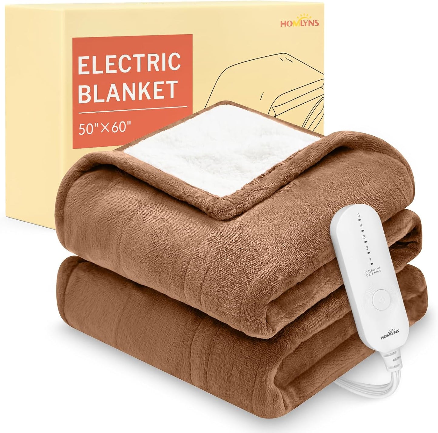 HOMLYNS LuxeHeat Heated Blanket Electric Blanket, Soft Flannel Sherpa Heated Throw, Heating Blanket with 5 Heat Settings, 3 hrs Timer Auto Shut Off (50x60 inches, Purple), Only for 120V Voltage Use