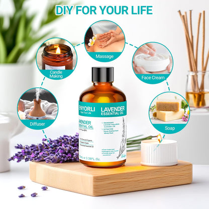 Lavender Essential Oil 3.38 fl oz (100ml), Lavender Oil for Home & Daily Use, for Women & Men, Suitable for Diffuser, Bath & DIY, Large Size for Long-Lasting & Versatile Use