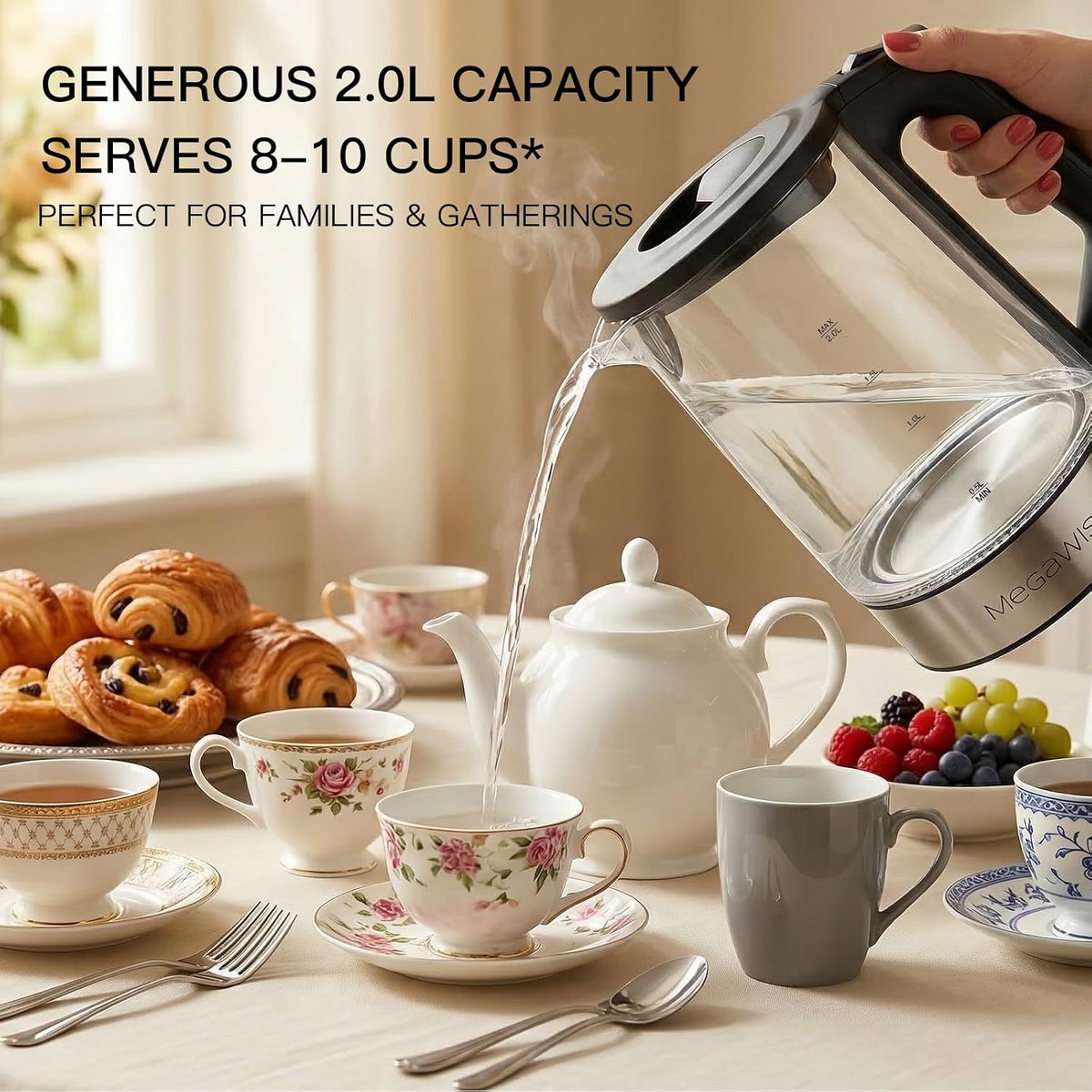 MEGAWISE 1.8 L Glass Electric Kettle, 1000W, Auto Shut-Off, Black