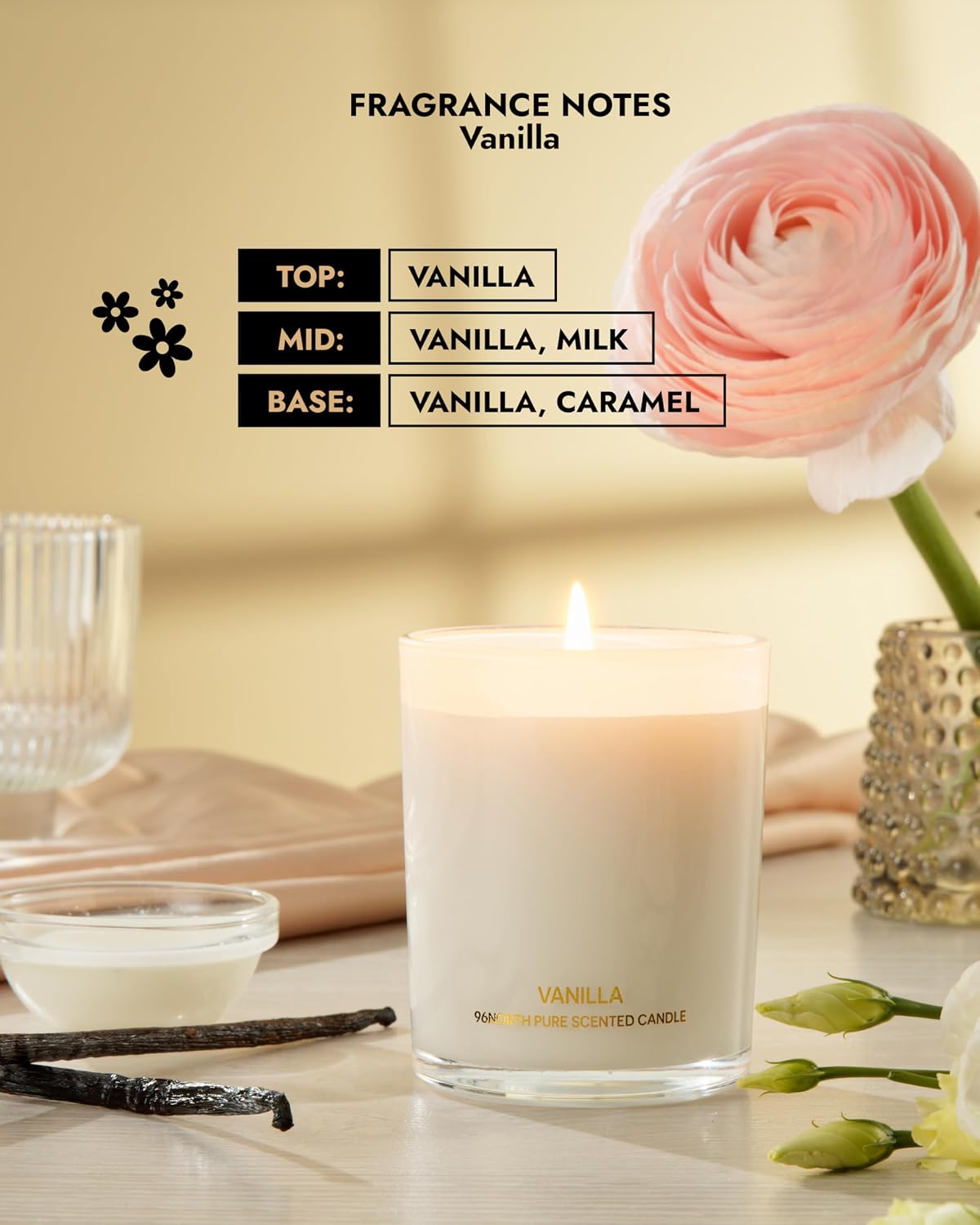 96NORTH Luxury Vanilla Soy Candles | Large 3 Wick Jar Candle | Up to 50 Hours Burning Time | 100% Natural Soy Wax | Relaxing Aromatherapy Aesthetic Candle | Housewarming Gift for Men and Women
