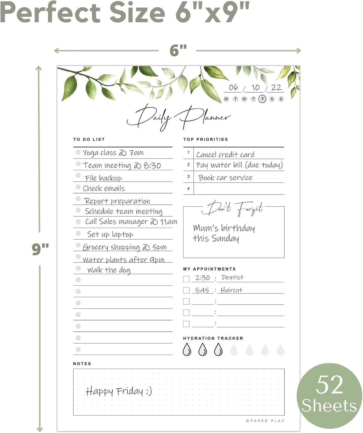 Daily Planner To Do List Notepad 52 Undated Tear-off Sheets | 6x9 Inch Desktop Daily Planning Notepad | Notebook for Daily Tasks, Checklist, Calendar, Schedule, To Do List, Appointments, Notes, Meals,