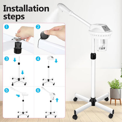 Professional Facial Steamer, Face Steam on Wheels, Estheticians Steamer with More Steam for Moisturizing and Hydration, Adjustable Height and Angle for Spa Beauty, Home Use, Pink
