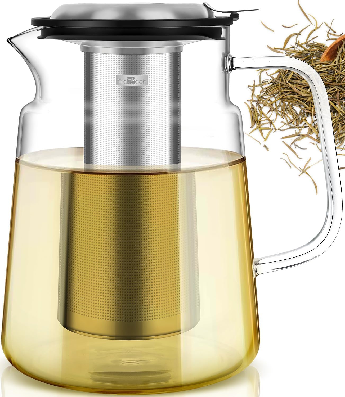 Aquach 51oz Glass Teapot with Infuser, Stovetop Safe Borosilicate Tea Pot | Dishwasher Safe, Plastic-free, Precise Loose Leaf Filter, Easy-clean Opening, Sharing Capacity
