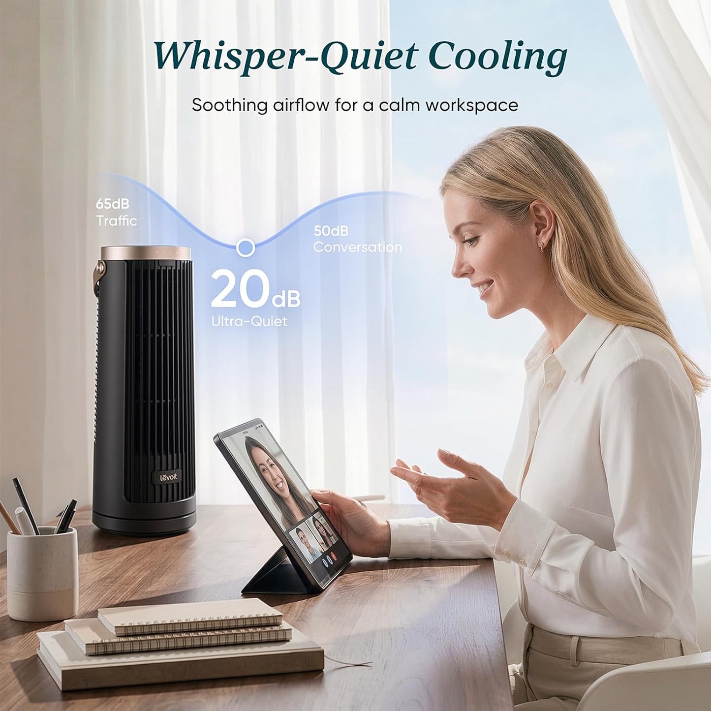 LEVOIT Tower Fan for Bedroom, 20dB Quiet Desk Fan with 23ft/s, Portable & Easy to Carry, 3-Angle & 5-Speed Mini Oscillating Fan, DC Motor, Bladeless, Remoter, 12H Timer, for Home, Room, Office, White