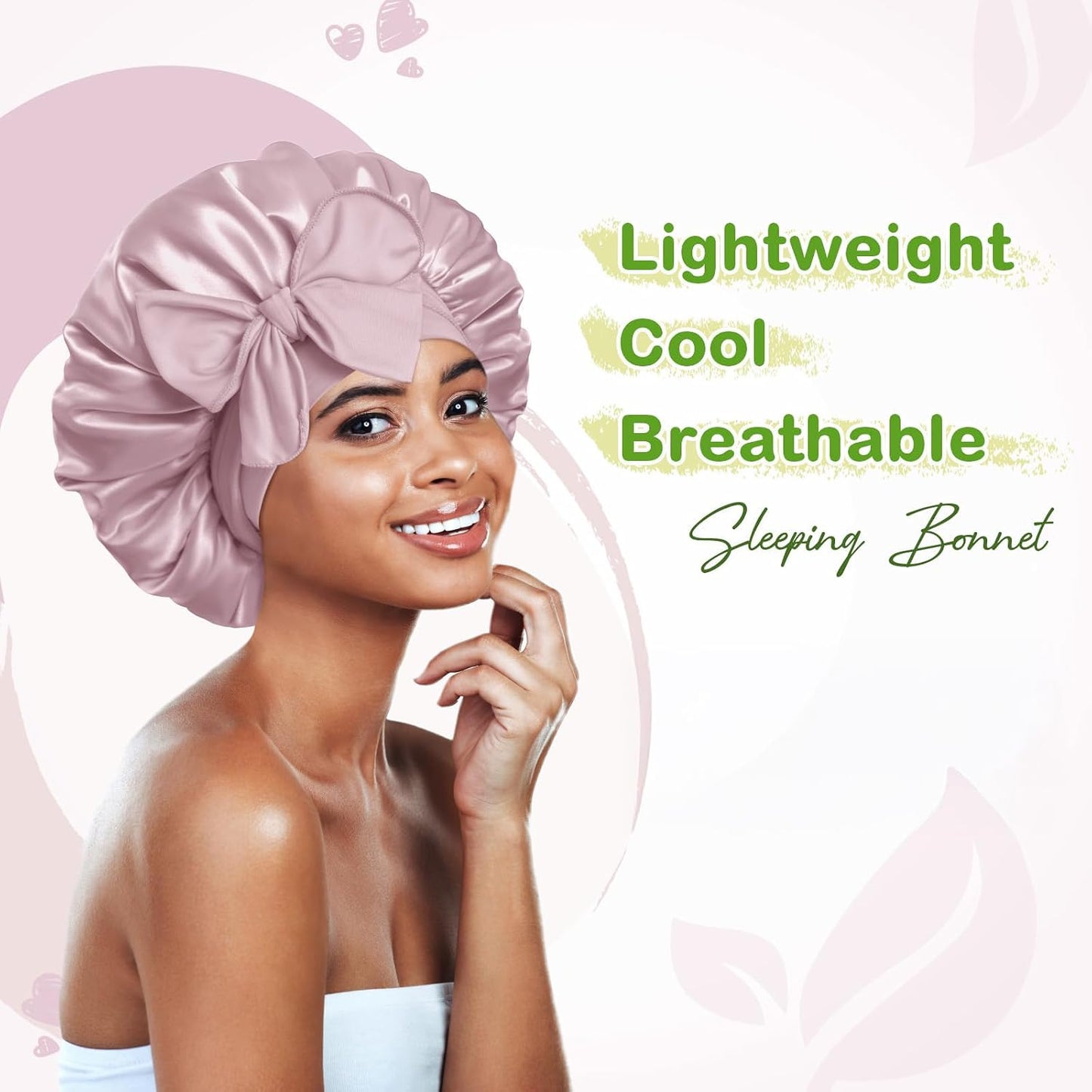 BONNET QUEEN Silk Bonnet for Sleeping for Women Satin Bonnet Night Cap for Curly Hair with Tie Band, Single Layer, Cream Pink