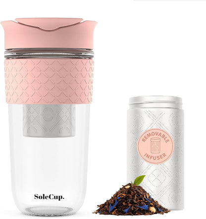 Large Travel Mug Loose Tea Infuser - Detachable Tea Strainer with Spill Proof Lid - 18oz/530ml BPA-Free Reusable Glass Travel Coffee Cup with Silicone Band (Ice Cream, 18oz)