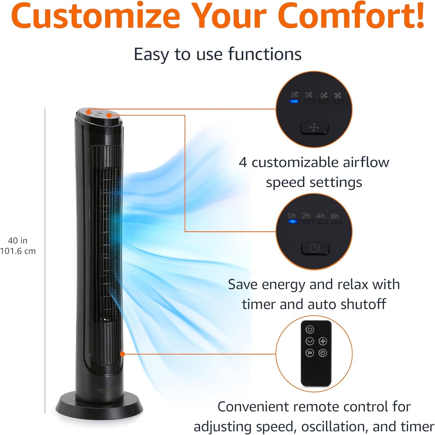 Amazon Basics 28" 60-Degree Oscillating Tower Fan with Powerful Airflow for Bedroom, Living Room, Office, 3 Speeds, Mechanical Control, Air Circulator, 35W, 27.8"H x 9.4"D x 9.4"W, Black