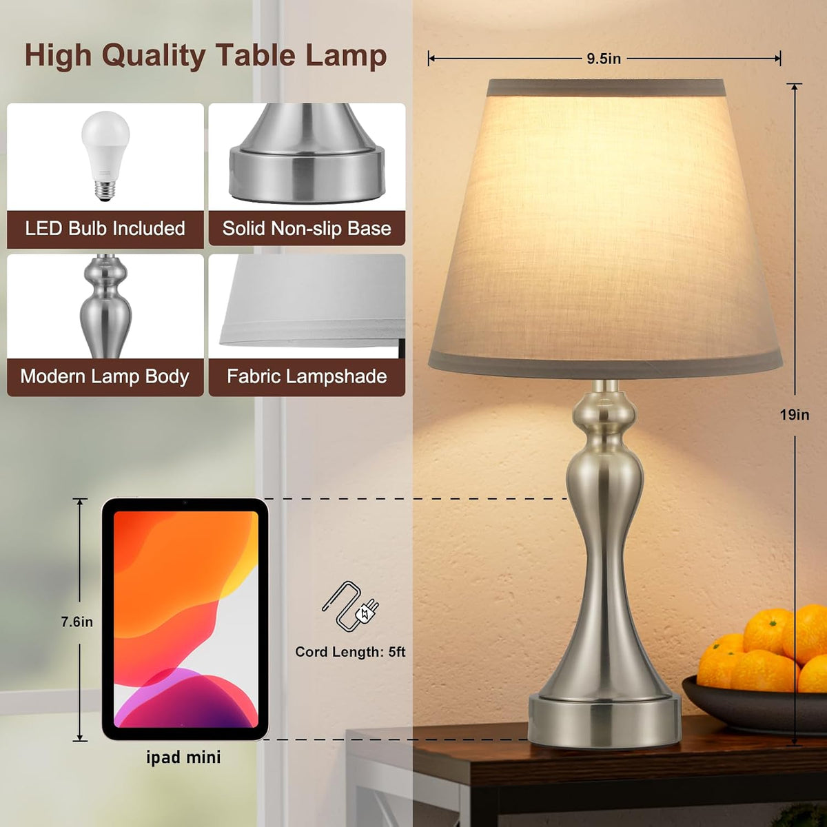 Touch Lamps for Nightstand, 3 Way Dimmable Bedside Lamps with USB C+A Ports
