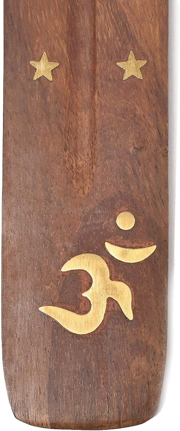 Wooden Incense Holder for Sticks with Inlays of Brass Crescent Moon 10 inches Long