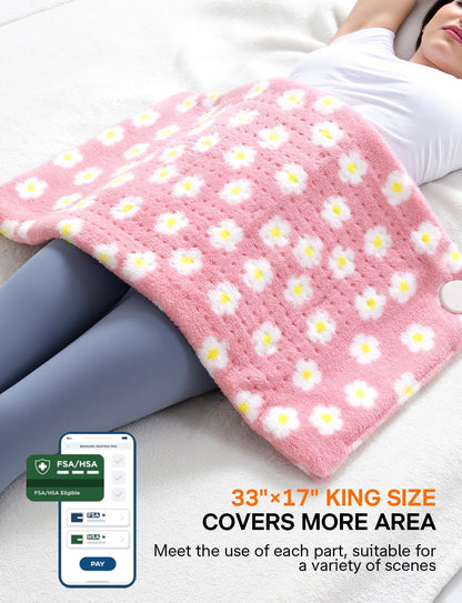 ALLJOY King Size Heating Pad for Back Pain Relief, 33”x 17” Extra Large Heating Pad for Period Cramps, FSA Eligible HSA, Portable Heat Pad for Neck and Shoulders, Birthday Gifts for Women Men - Pink